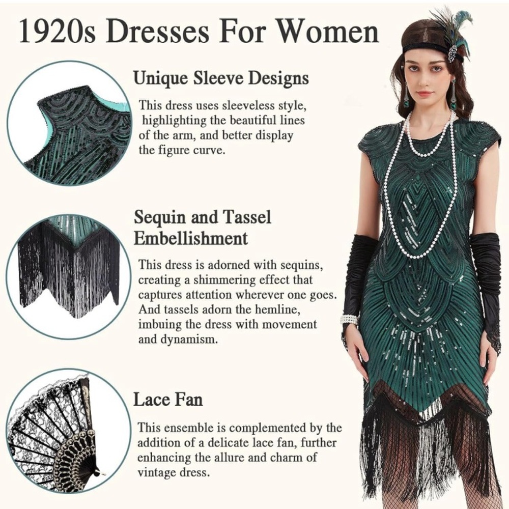 ✨💚 Flapper Great Gatsby 1920s Retro Tassel Fringe Sequin Green Dress NEW